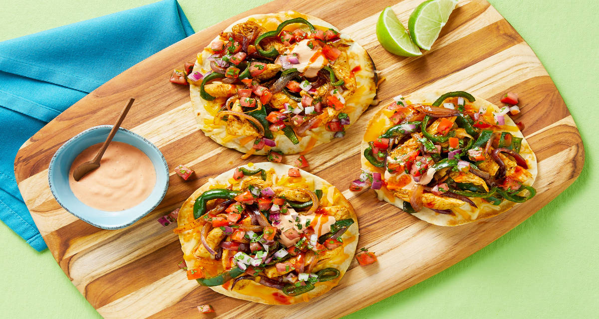 Cheesy Chicken & Poblano Tostadas with Pico de Gallo & Smoky Red Pepper Crema