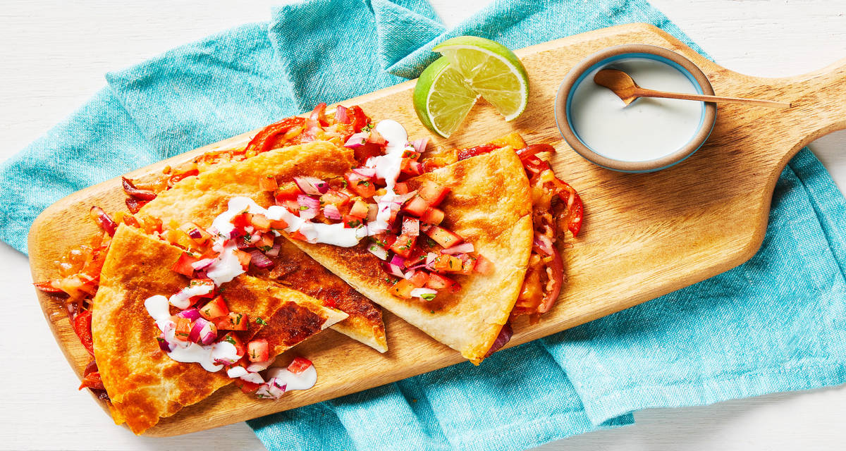Cheesy Chipotle BBQ Quesadillas with Bell Pepper, Onion, Pico de Gallo & Ranch Crema