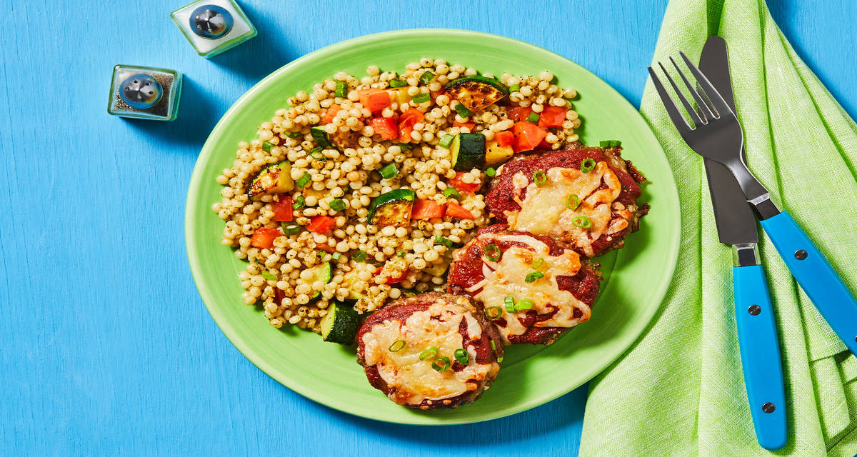Cheesy Marinara Turkey Patties with Zucchini, Tomato & Scallion Couscous
