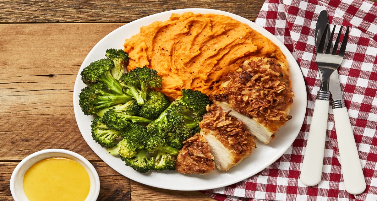 Onion Crunch Chicken with Mashed Sweet Potatoes, Roasted Broccoli & Honey Dijon Dressing-image
