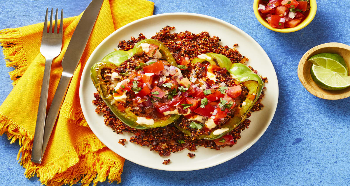 Cheesy Quinoa-Stuffed Peppers with Pico de Gallo & Smoky Red Pepper Crema-image