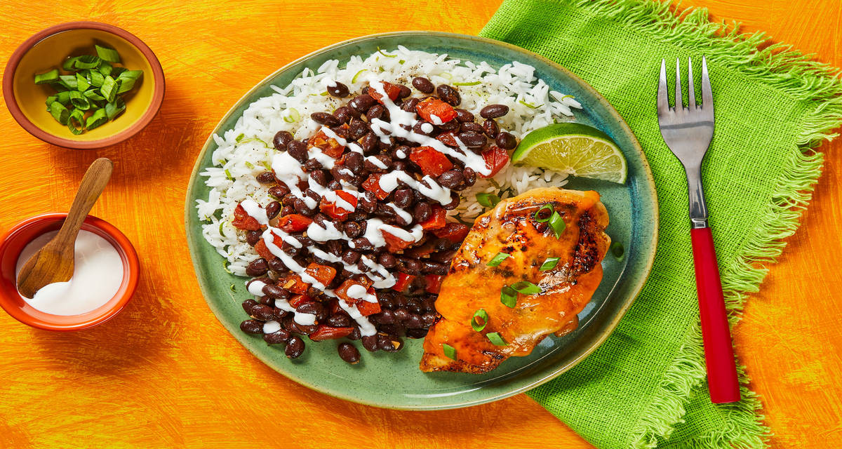 Cheesy Southwest Chicken & Rice with Black Beans & Lime Crema