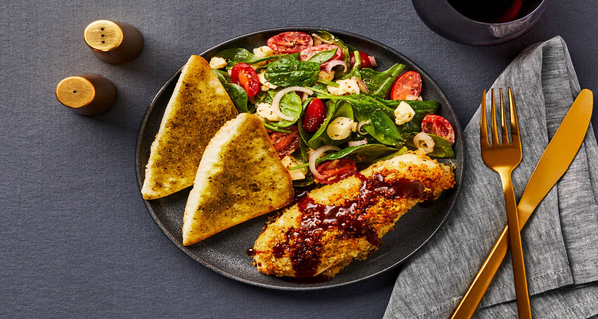 Cheesy Spinach Stuffed Chicken with Caprese Salad & Toasted Basil Ciabatta