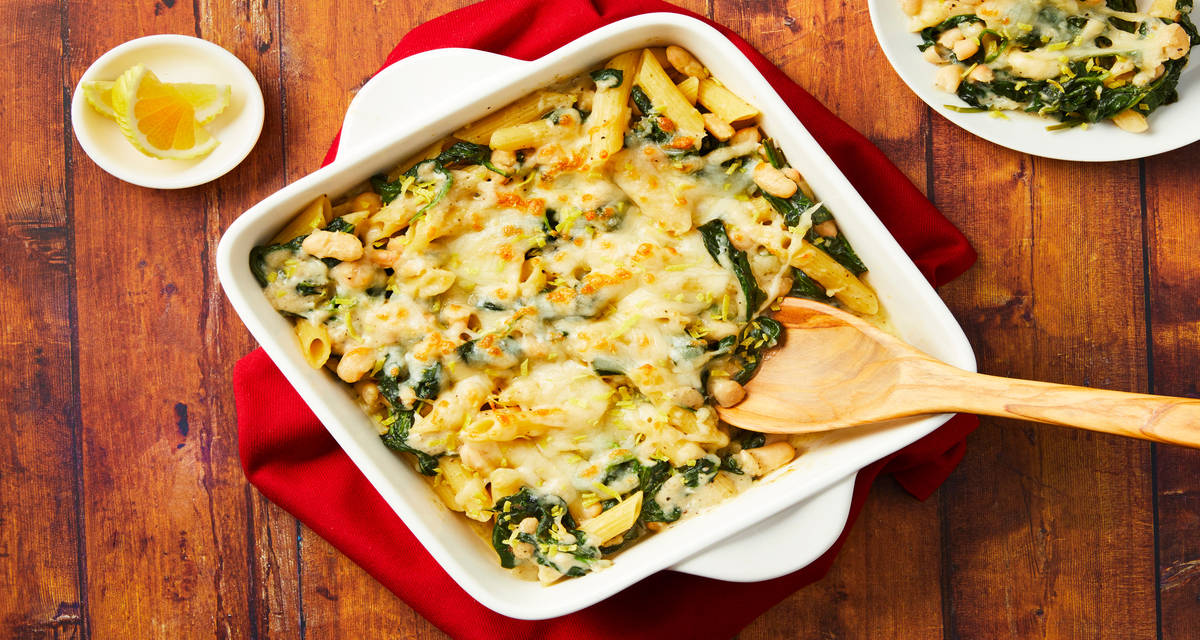 Cheesy Spinach & White Bean Pasta Bake with Italian Herbs & Lemon