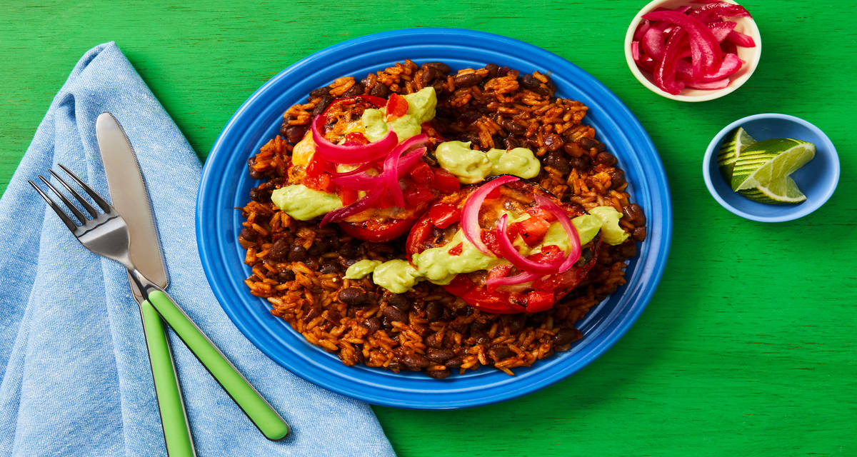 W36 R58 Cheesy Tex-Mex Stuffed Peppers with Rice, Black Beans, Pickled Red Onion & Creamy Guac
