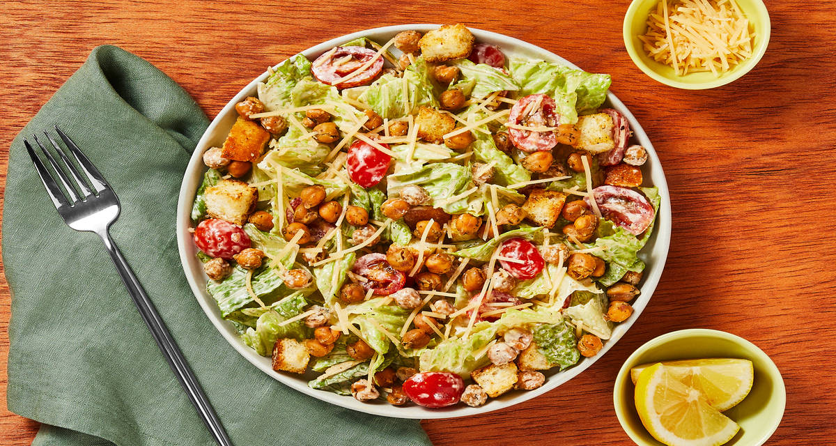 Chef’s Kept Secret Chickpea Caesar with Grape Tomatoes & Garlicky Croutons