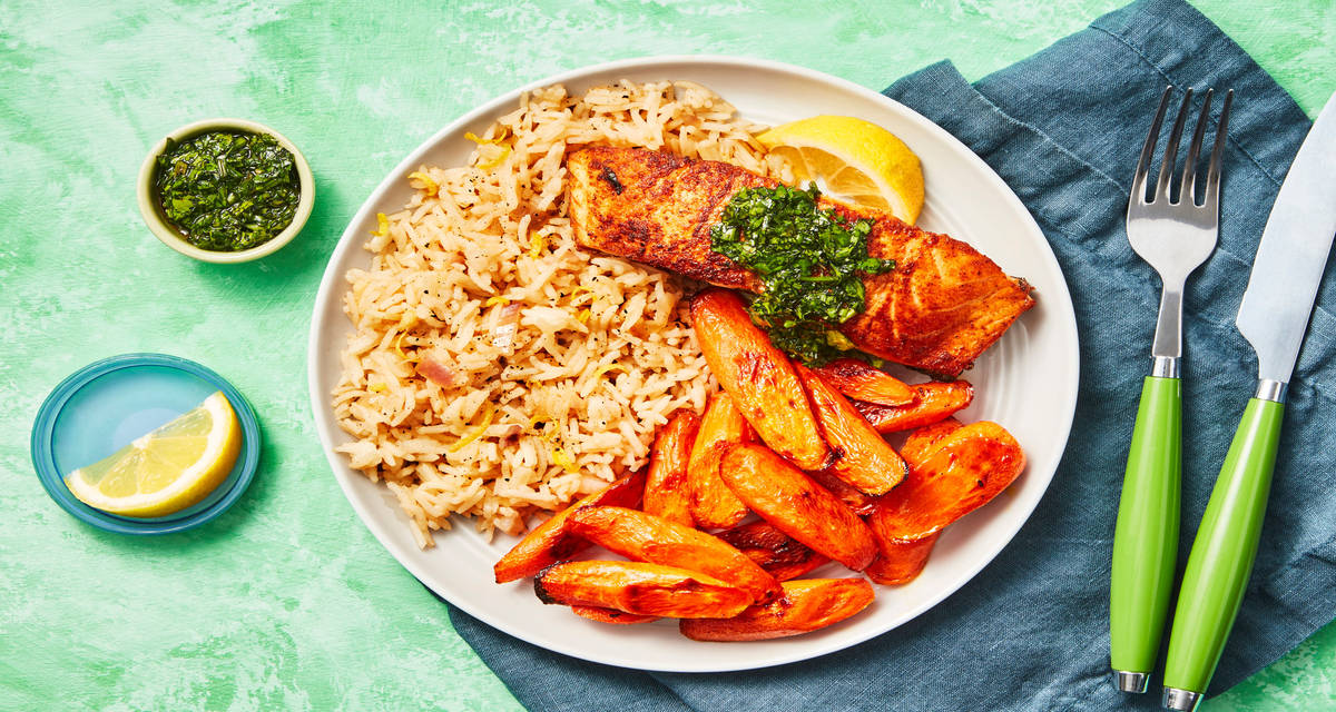 Chermoula-Topped Tunisian Salmon with Honey-Glazed Carrots & Shallot Basmati Rice