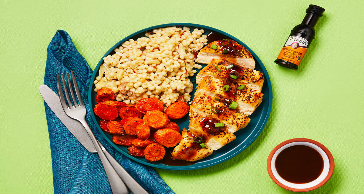 Cherry Balsamic Chicken with Colavita Aged Balsamic Vinegar of Modena, Almond Couscous & Roasted Carrots