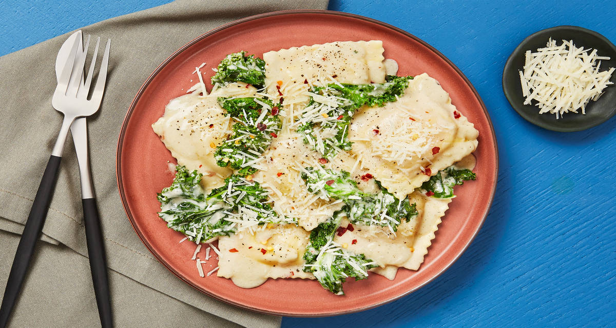 Chicken, Bacon & Mozzarella Ravioli with Kale in a Creamy Garlic Parmesan Sauce