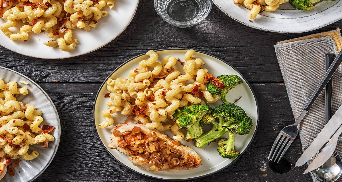 Chicken Breasts in a Shallot Demi-Glace Sauce with Bacon Mac ‘n’ Cheese and Roasted Broccoli