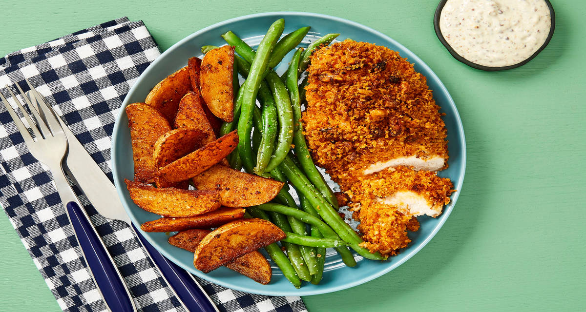 Chicken Cutlets with Spiced Walnut Crust plus Green Beans, Potato Wedges & Creamy Mustard Sauce