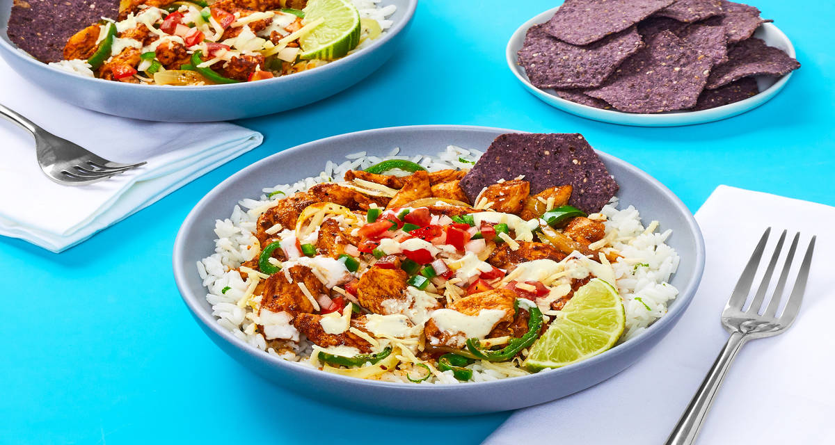 Chicken Fajita Bowls with Blue Corn Tortilla Chips, Pico de Gallo & Chili Lime Crema