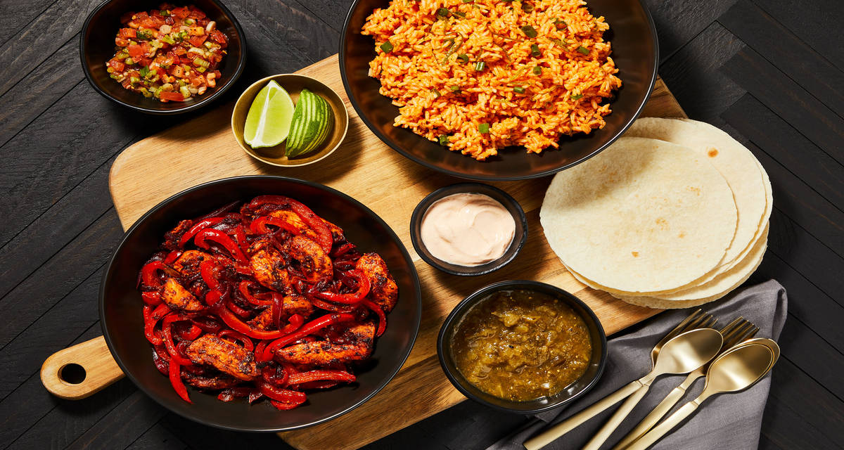 Chicken Fajita Feast with Tomato Rice, Pico de Gallo, Green Salsa & Smoky Crema