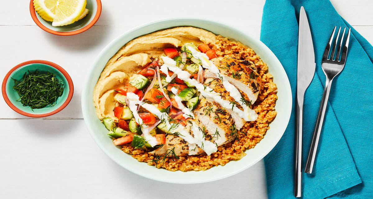 Chicken Gyro Bulgur Bowls with Hummus, Tomato Cucumber Salad & Feta Sauce