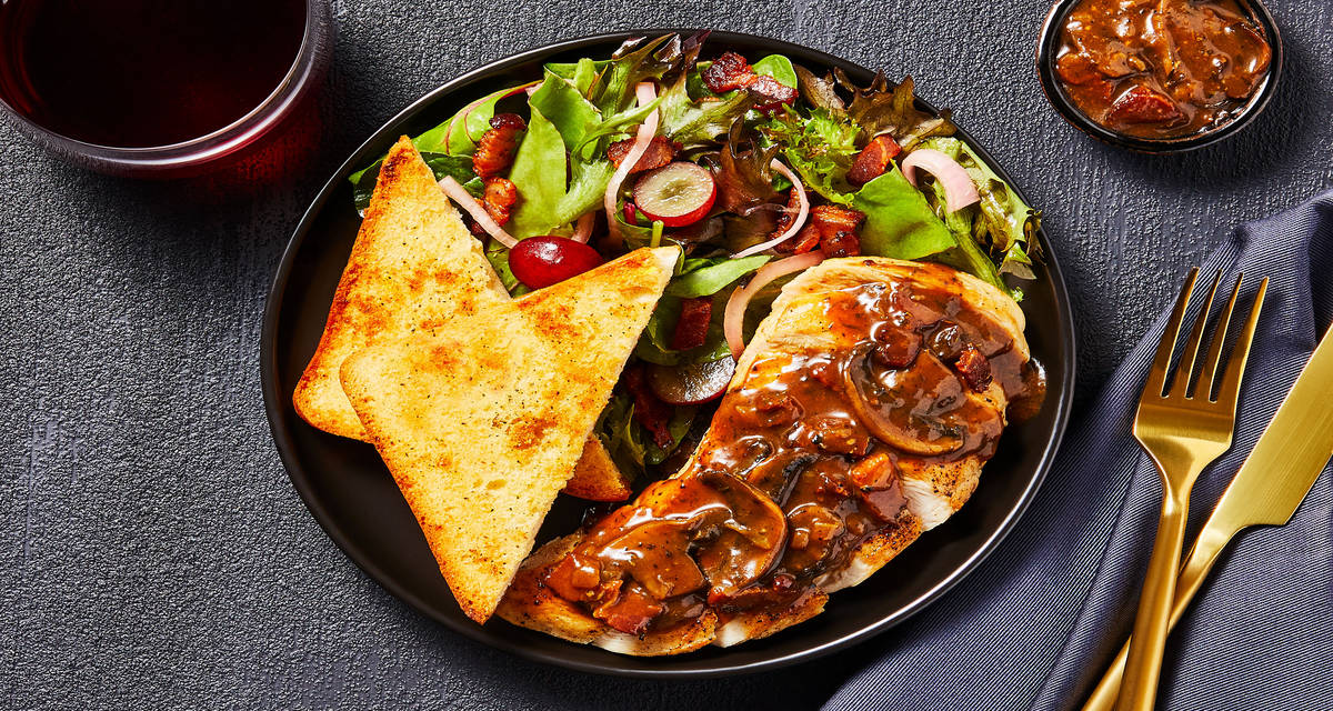 Chicken in a Velvety Mushroom Sauce with Bacon, Bistro Salad & Garlic Bread