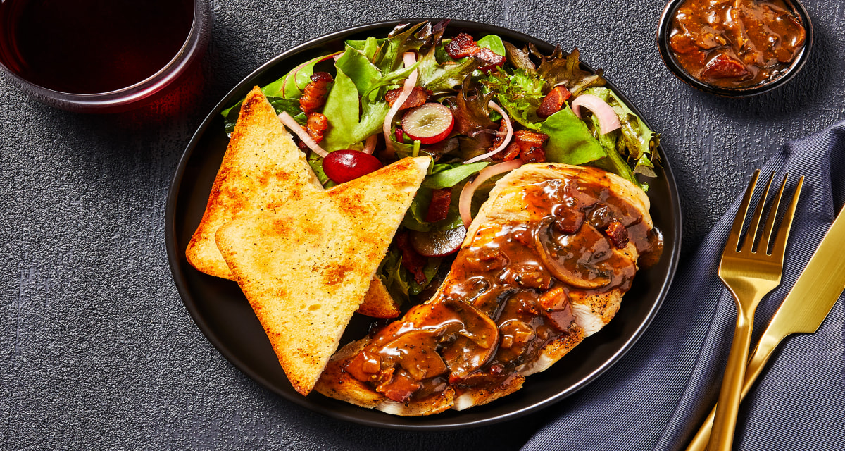 Chicken in a Velvety Mushroom Sauce with Bacon, Bistro Salad & Garlic Bread-image