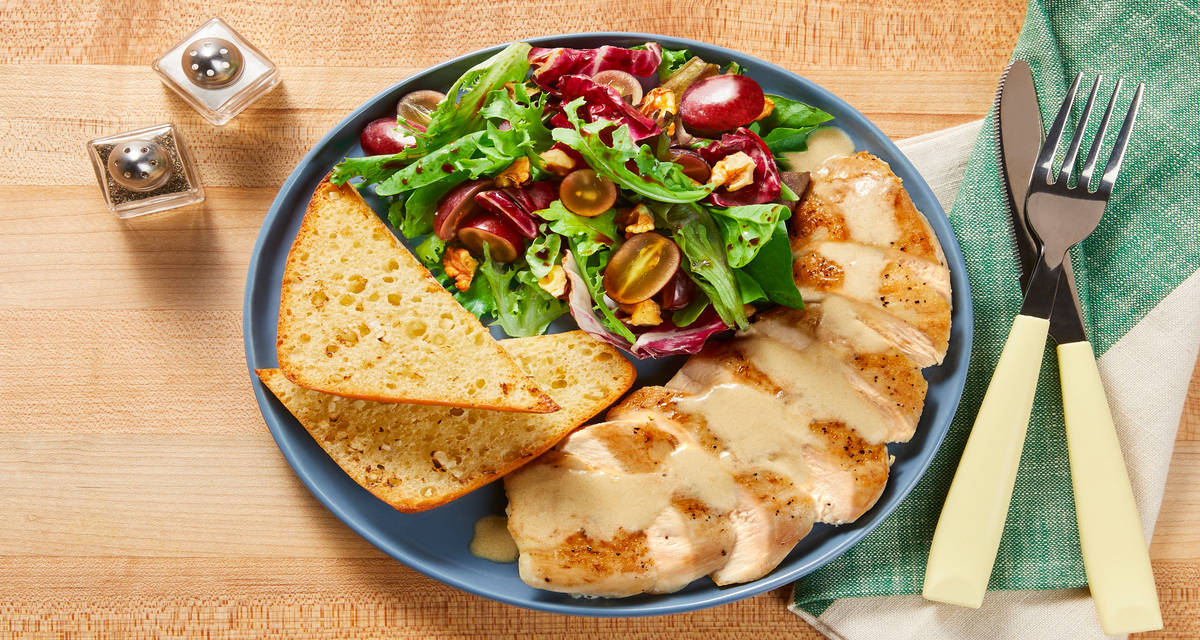 Trout in Dijon Sauce with Balsamic Greens, Walnuts & Grapes plus Garlic Bread