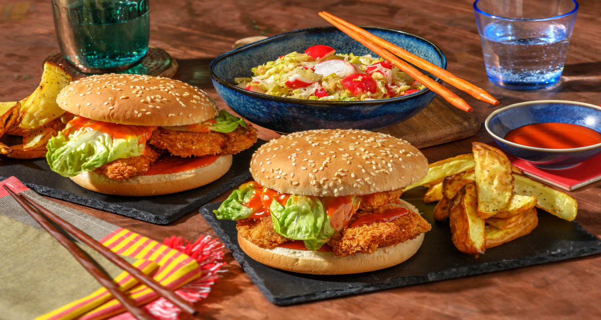 Chicken Katsu Burger with Wedges and Baby Gem & Radish Salad-image