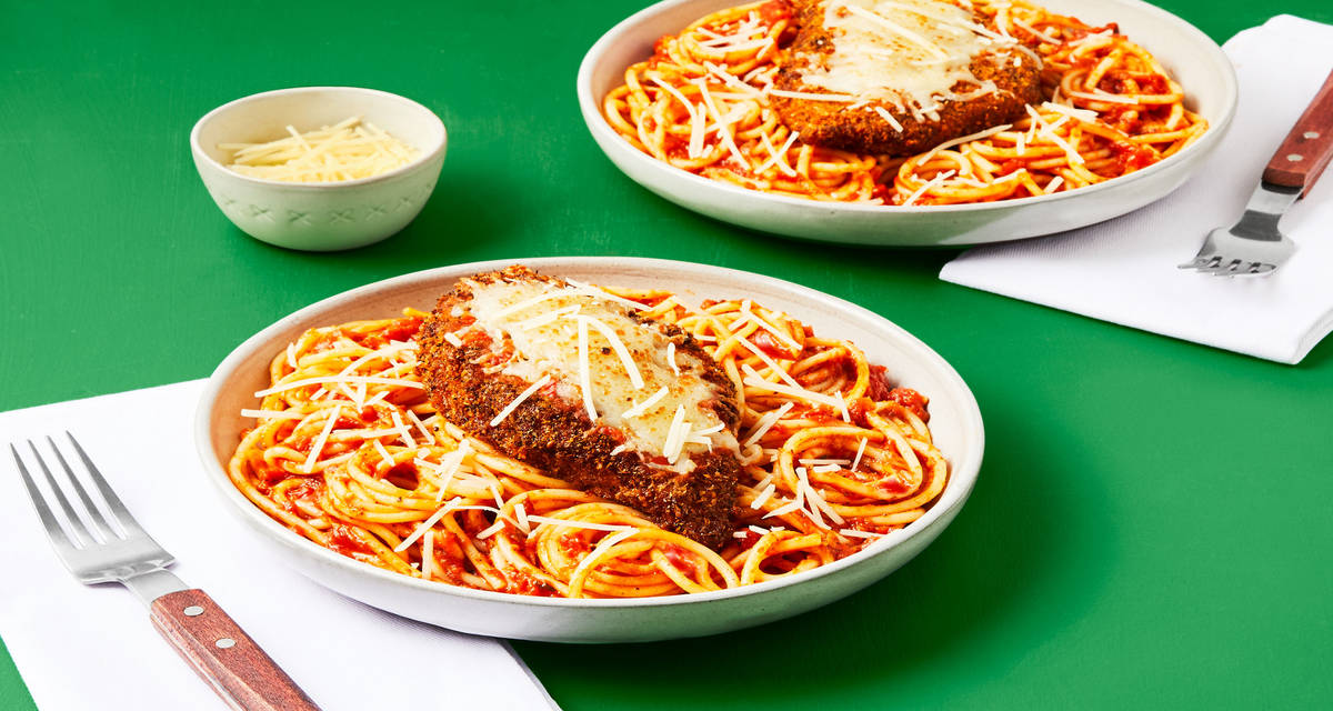 Chicken Parm Over Spaghetti with Garlic Marinara & Melty Mozz