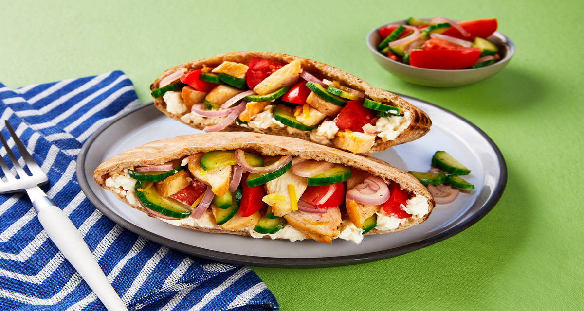 Chicken Pita Pockets with a Garlicky Feta Spread & Greek Salad
