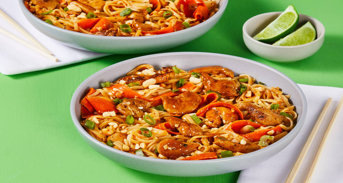 Chicken Satay Noodle Toss with Carrot Ribbons & Peanuts
