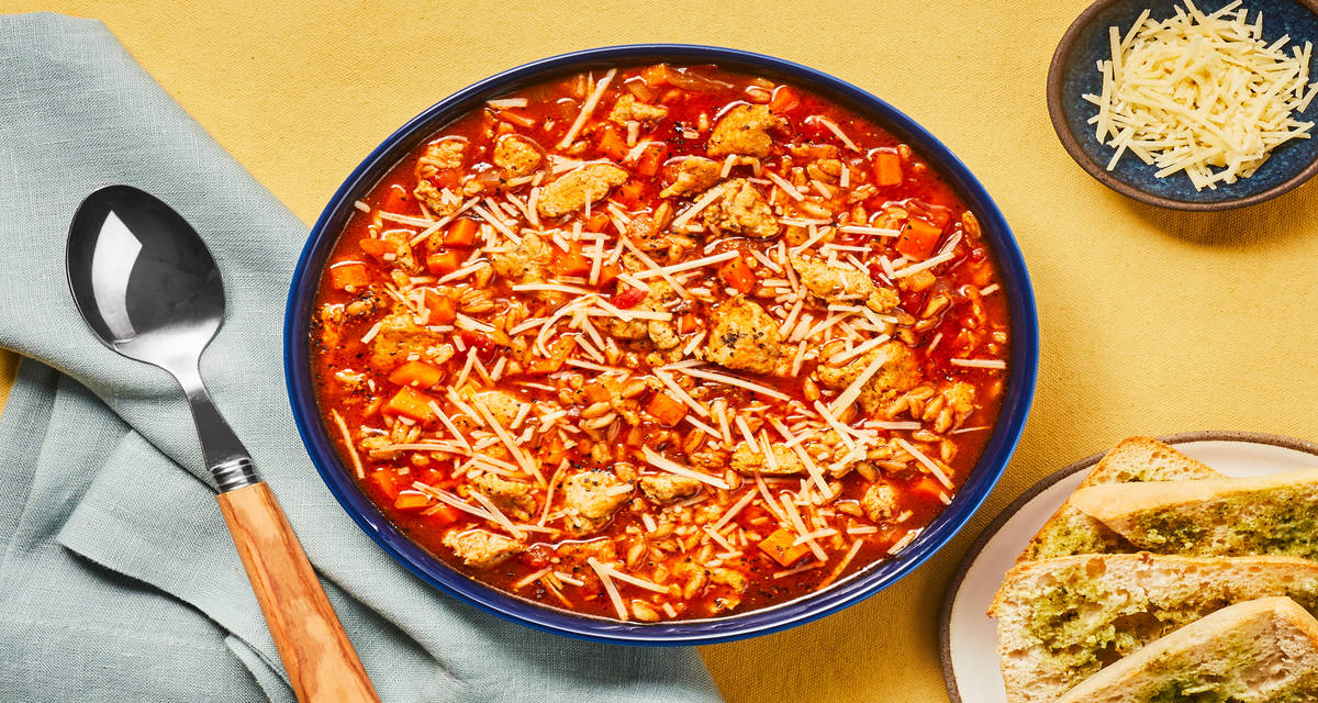 Chicken Sausage & Farro Soup with Herb Butter Toasts