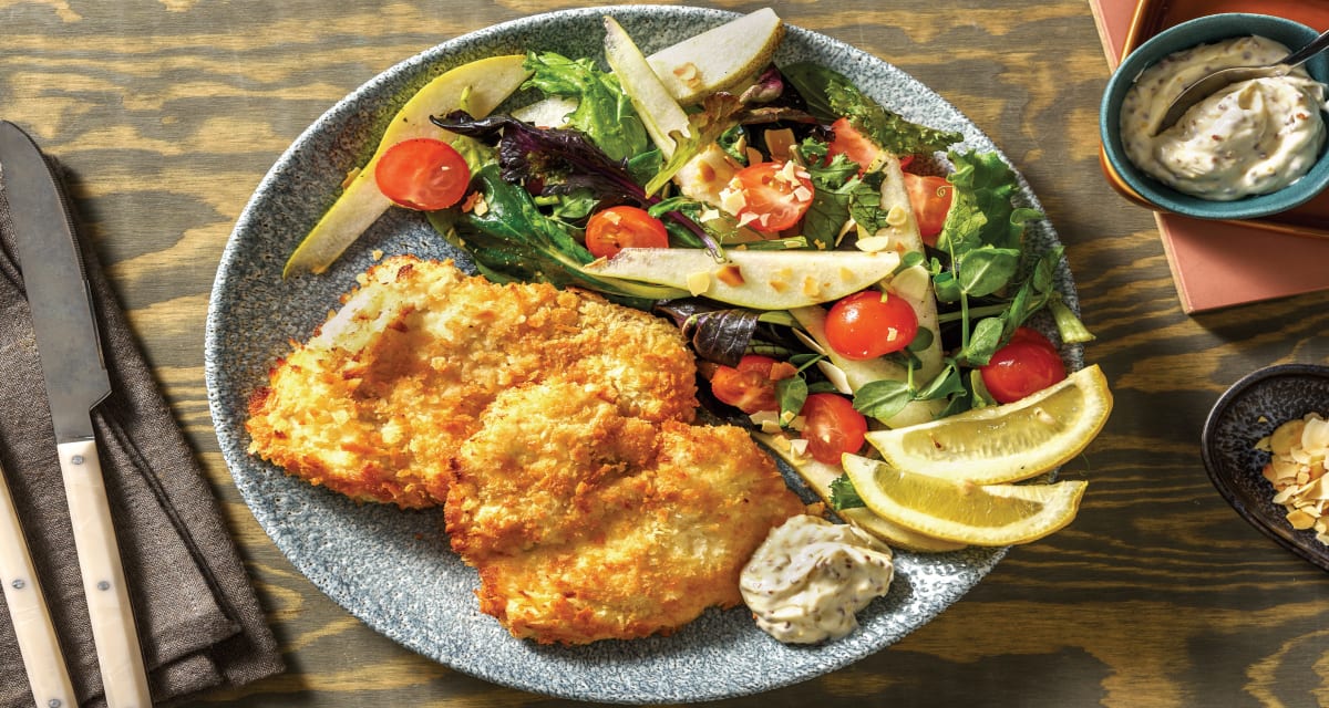 Quick Chicken Schnitzel & Mustard Mayo with Cherry Tomato & Almond Salad-image