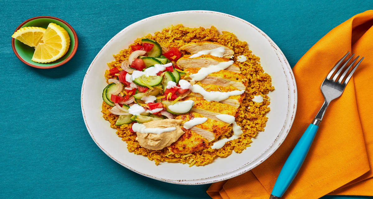 Chicken Shawarma Bowls with Couscous, Israeli Salad & Garlicky White Sauce