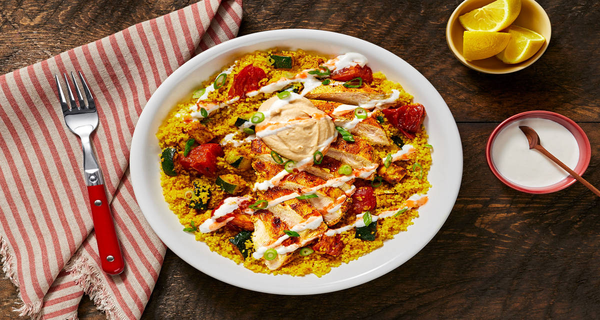 Chicken Shawarma Bowls with Turmeric Couscous, Roasted Veggie Medley, & Garlicky White Sauce