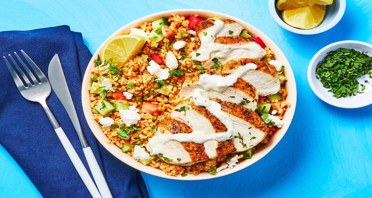 Chicken Tabbouleh Bowls with Cilantro & Creamy Feta Sauce