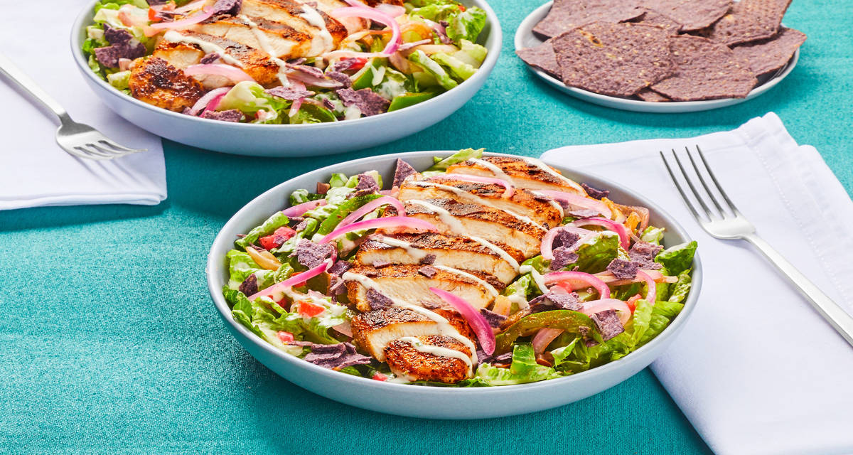 Chicken Taco Salad with Pickled Onion, Fajita Veggies & Creamy Chipotle Vinaigrette