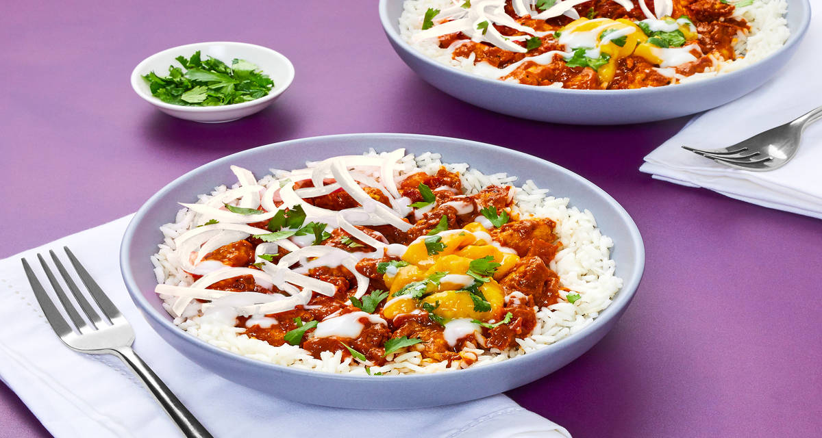 Chicken Tikka Masala Rice Bowl with Mango Cilantro Chutney