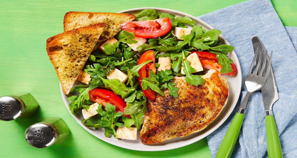 Chicken with Arugula Caprese Salad & Herbed Ciabatta Toast Points