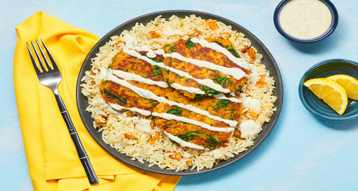 Chickpea & Spinach Fritters with Lemon Raisin Basmati Rice & Spiced Cilantro Yogurt Sauce