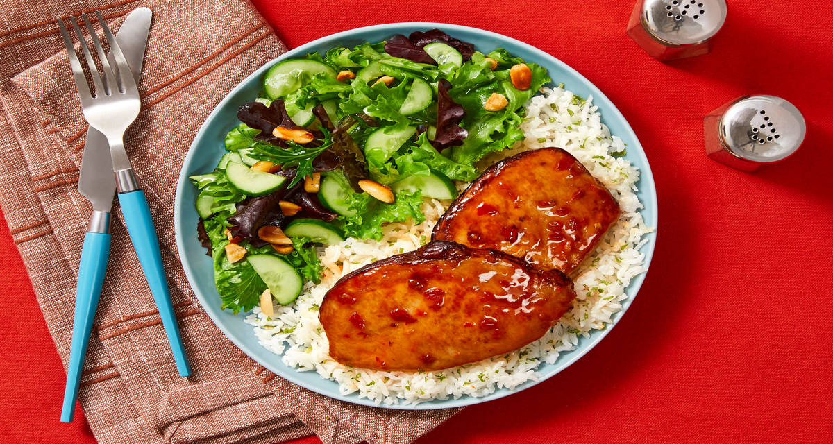 Chili Lime Pork Cutlets with Zesty Rice & Cucumber Peanut Salad