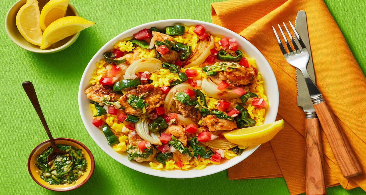 Chimi Chicken & Yellow Rice Bowls with Charred Veggies & Fresh Salsa