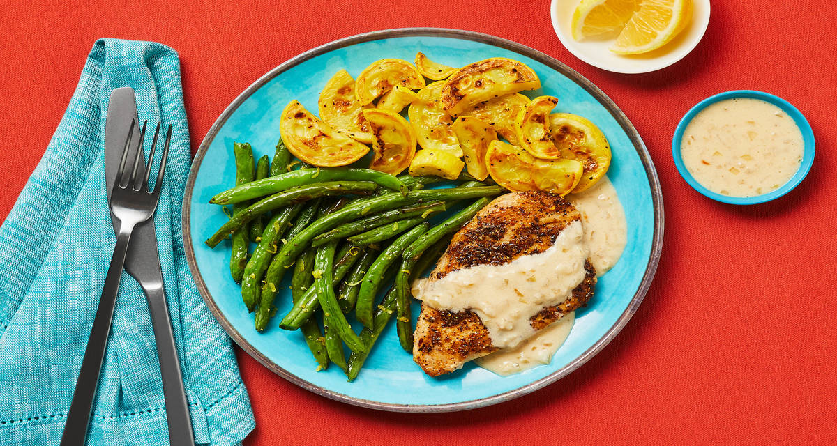 Chophouse-Style Chicken Cutlets with Shallot Sauce, Roasted Squash & Lemony Green Beans