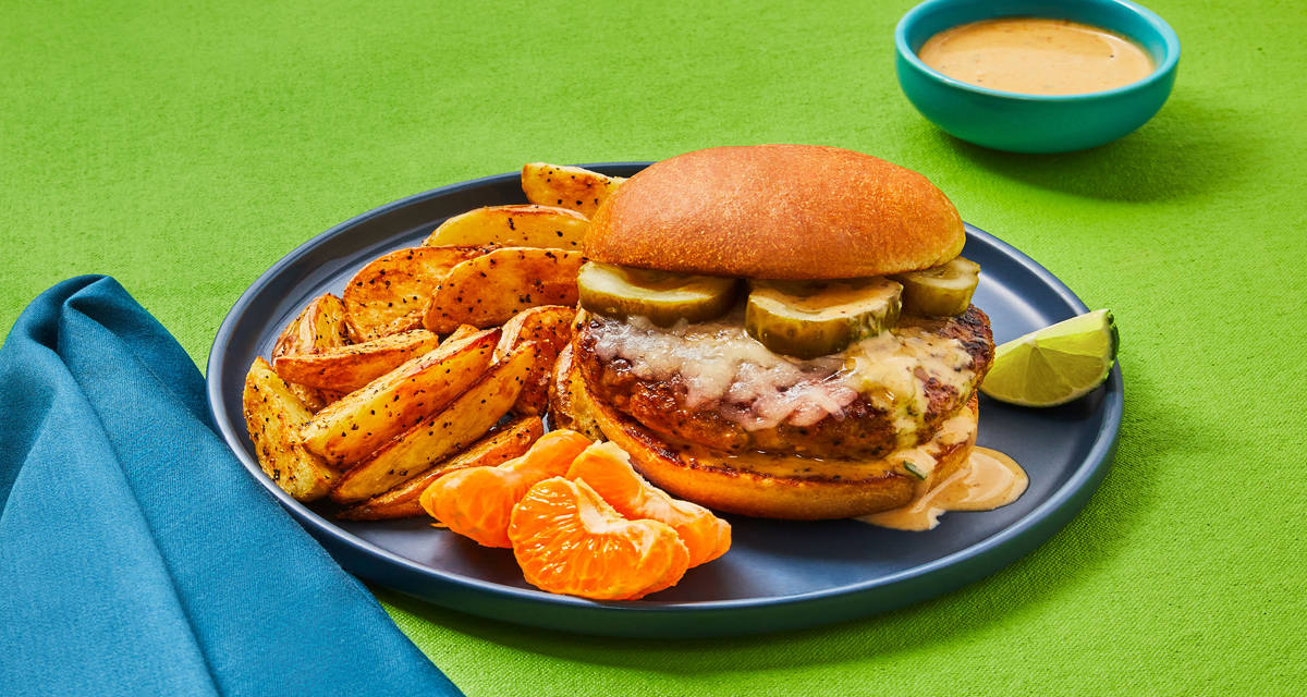 Citrus Mojo Pork Burgers with Pickles, Zesty Mayo & Roasted Potato Wedges