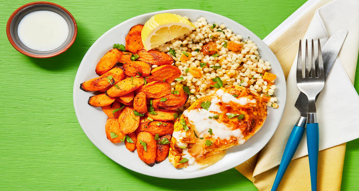 Citrus & Spice Marinated Chicken with Roasted Carrots, Apricot Cilantro Couscous & Garlic Yogurt Sauce