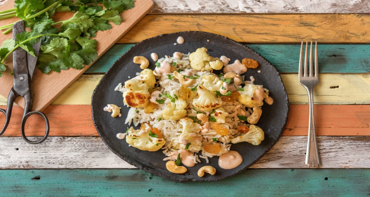 Oven-Roasted Cauliflower with Tunisian-Spiced Yogurt over Cumin-Scented Rice-image