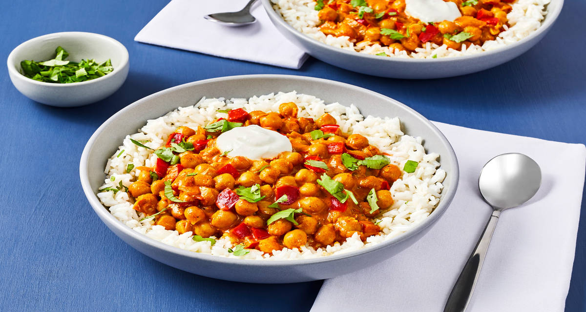 Coconut Curry with Chickpea & Bell Pepper swirled with Yogurt & served with Basmati Rice