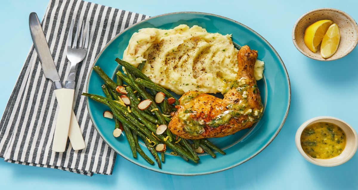Countryside Chicken Legs with Green Beans Amandine and Chive Mashed Potatoes-image