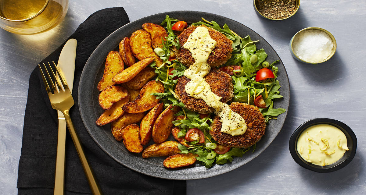 Lemon Aioli Crab Cakes with Fingerling Potatoes and an Arugula and Tomato Salad