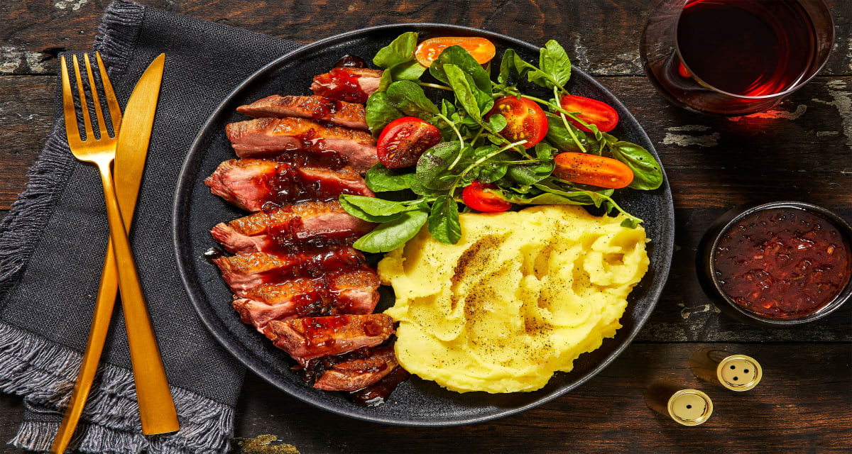 Cranberry Thyme Duck with Watercress Salad and Mashed Potatoes-image