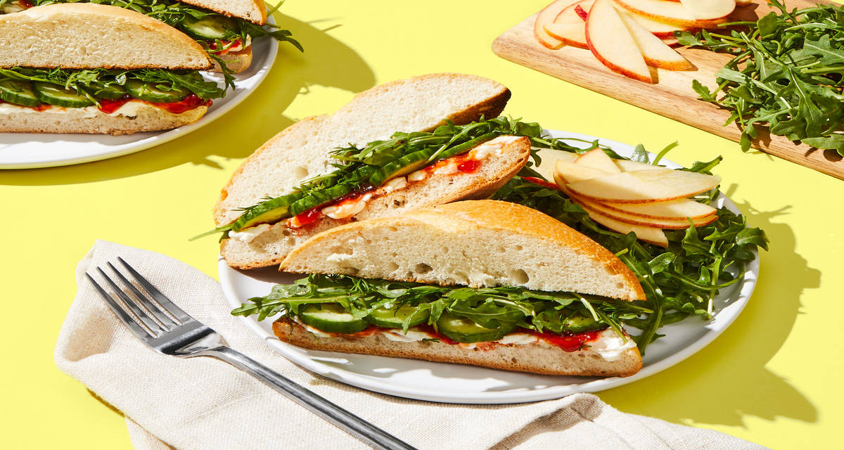 Cream Cheese & Red Pepper Jam Sandos with Cucumber, Dilly Arugula & Apple
