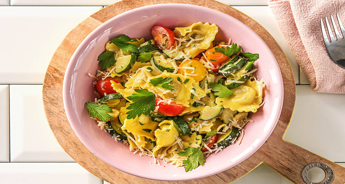 Creamiest Mushroom Ravioli with Zucchini and Heirloom Grape Tomatoes