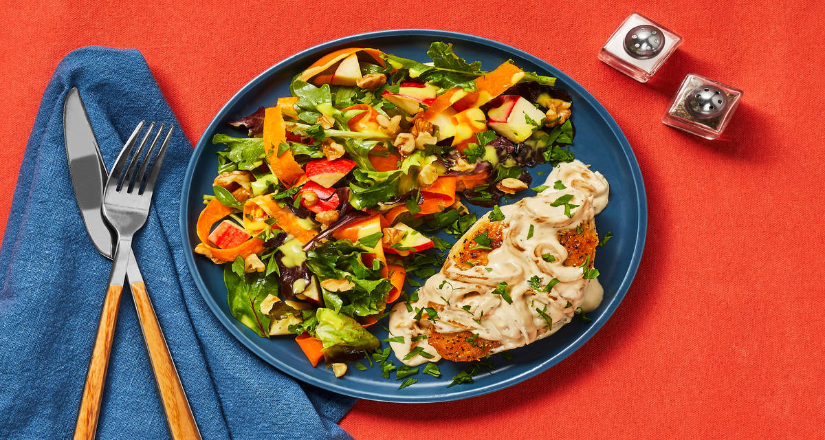 Creamy Caramelized Onion Chicken with Apple, Walnut & Carrot Ribbon Salad