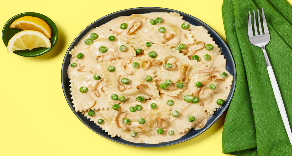 Creamy Chicken & Bacon Filled Ravioli with Caramelized Shallots & Peas