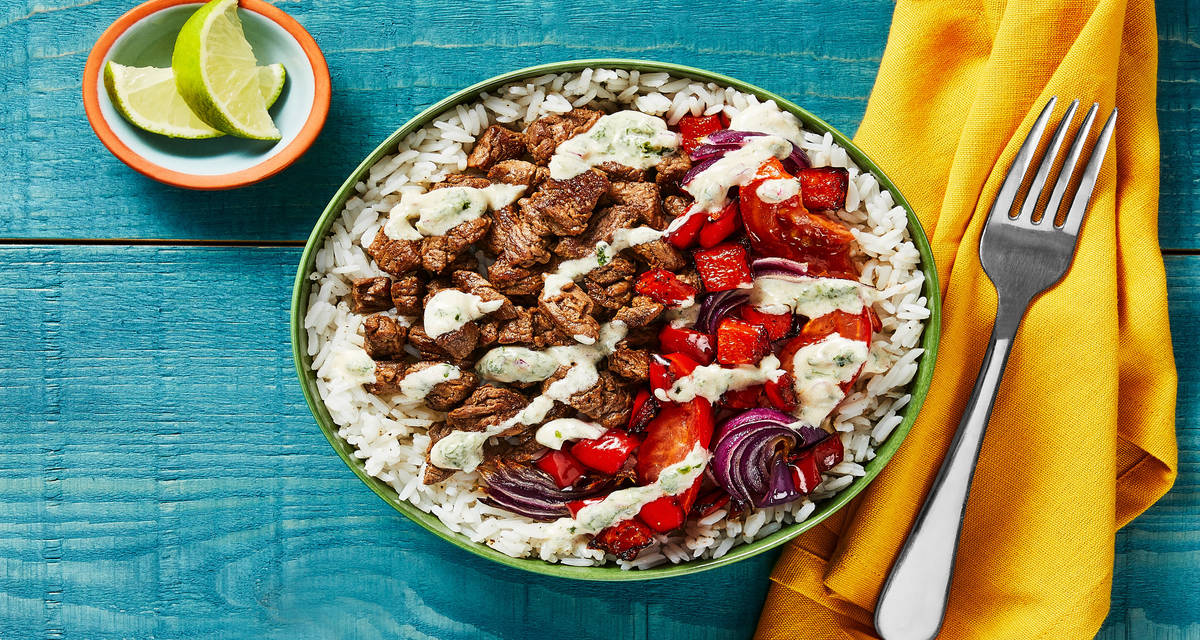 Creamy Chimichurri Steak Bowls with Charred Bell Pepper & Tomato over Garlic Rice