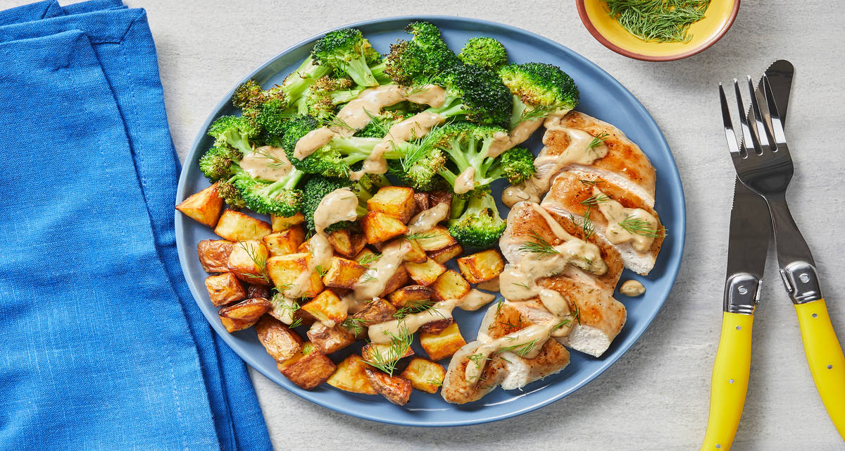 Creamy Dijon Dill Chicken with Roasted Potatoes & Broccoli